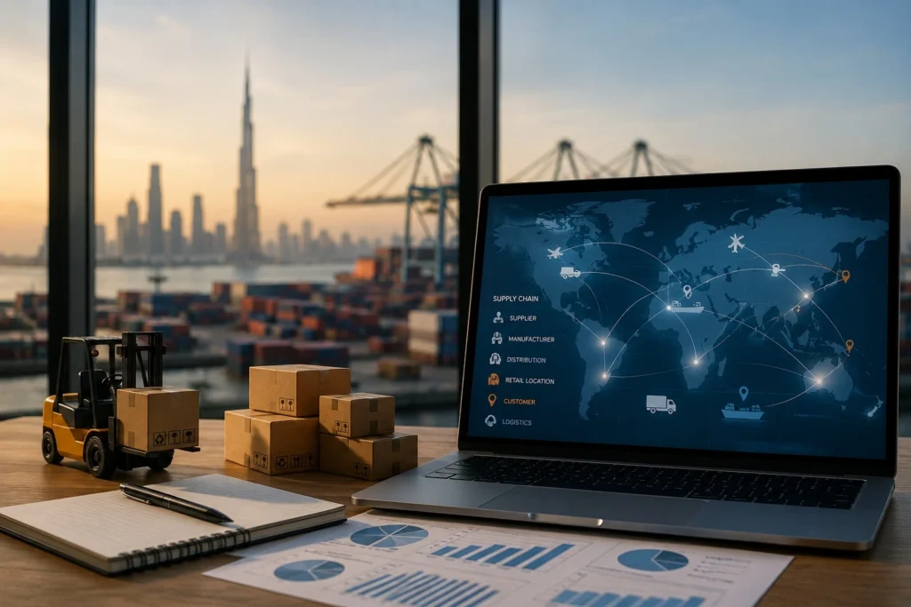 Supply chain diversification in UAE with global logistics network and Dubai skyline