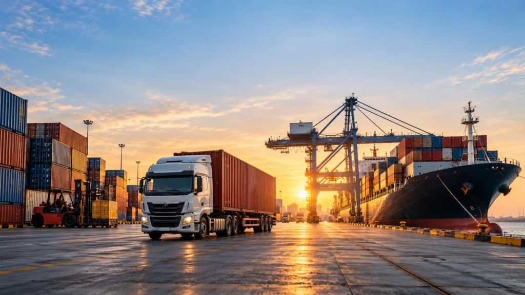 International shipping containers and freight truck at a cargo port