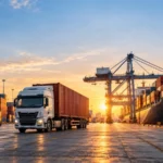 International shipping containers and freight truck at a cargo port