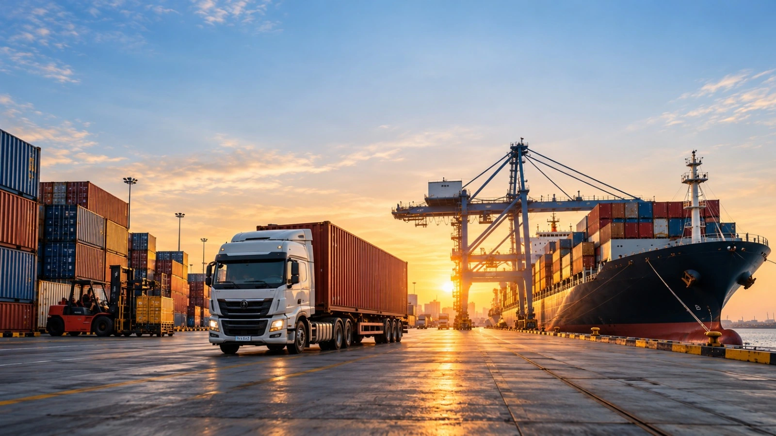 International shipping containers and freight truck at a cargo port