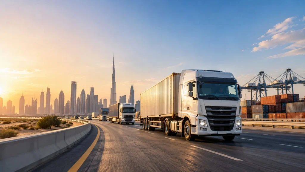 Trucks carrying containers on a Dubai road near the port