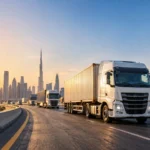Trucks carrying containers on a Dubai road near the port