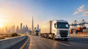 Trucks carrying containers on a Dubai road near the port
